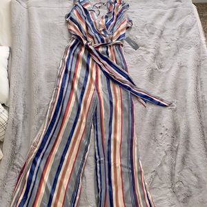 SOLD Lulu’s Blue and Grey Multi-Striped Jumpsuit